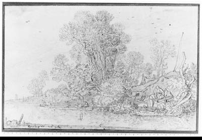 A wooded River Landscape with Farmers washing and Fishermen near a House