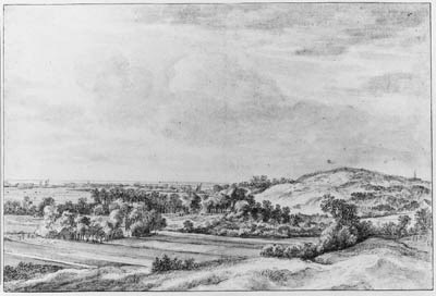 A View at Bloemendaal with a Farm and Bleaching Fields near the Dunes north of Het Kopje, looking east with the Noorderspaarne and the IJ beyond at the left, the spire of the Saint Bavo Church at Haarlem at the right