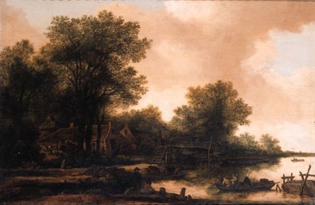 A hamlet in a wood by a river with fishermen in a rowing boat by a footbridge