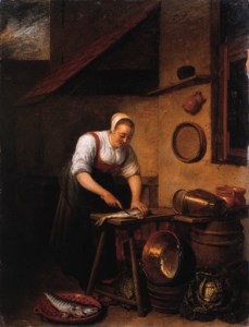 A maid standing by a table cleaning fish, pots, pans and cabbages on a barrel nearby, in a farmyard