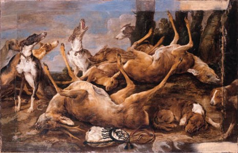 Spaniels with dead game at the foot of a tree in a landscape