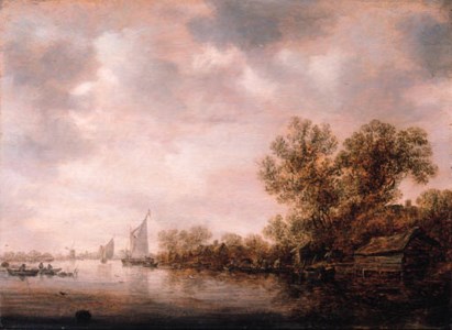 JAN JOSEFSZ. VAN GOYEN, Peasants and cattle on a ferry with fishermen in rowing boats nearby, on a cloudy day