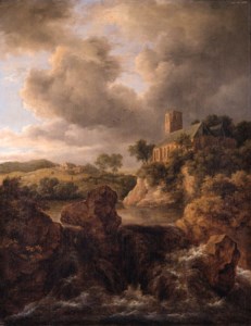 A waterfall in a mountainous landscape, a church on a cliff beyond