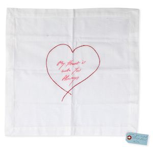 Dame Tracey Emin (British, born 1963) My Heart Is With You Always - Napkin (Pink and Red) Embroidered linen handkerchief, 2012, signed, dated and inscribed 'With you in mind' in ink on the attached tag, from the edition of 50, published by Emin International, LondonOverall 400 x 415mm (15 3/4 x 16 3/8in)