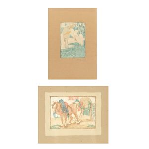 Ethel Mars (American, 1876-1956) Deux aigrettes; Deux chevaux attelé à une carriole Two woodcuts in colours, circa 1904 and 1907, on laid paper, each signed in pencil to the backing board and to the backing paper, respectively, the latter additionally dated in pencil, the former located '39 Bd St. Jacques' and erroneously titled in ink to a piece of paper affixed to the frame verso, each printed to the edges, framed (2)Sheet 110 x 73mm (4 5/8 x 2 7/8in)Sheet 158 x 239mm (6 1/4 x 9 3/8in)