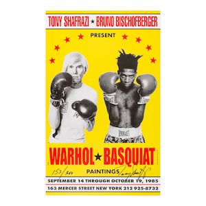 Andy Warhol and Jean-Michel Basquiat (American, 1928-1987 and 1960-1988) Poster for Warhol/Basquiat Paintings Offset lithograph in colours, 1985/2015, on wove paper, signed by Tony Shafrazi and numbered 153/300 in black ink, co-published by Tony Shafrazi, New York, and Bruno Bischofberger, Zurich, the full sheet, unframedSheet 485 x 305mm (19 1/8 x 12in)