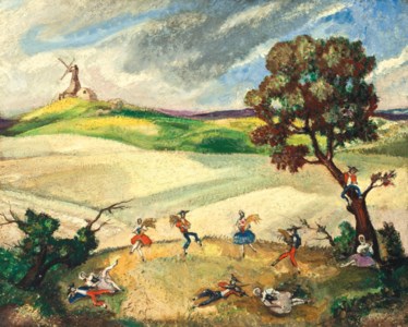 Two set designs for 'La fille mal gardée': Act I, Scene 2; and Act II, Scene 3