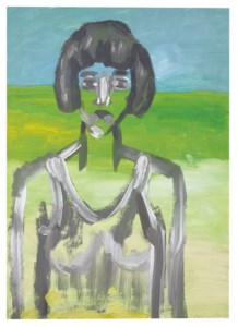 Woman against field; White flower in glass; and Figure with flower