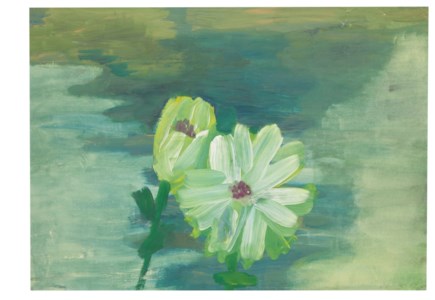 Purple flower; and Two white flowers