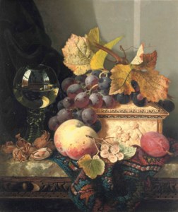 Black grapes, a peach, a plum, white currants, hazelnuts, a roemer and an ivory casket on a carpet on a marble ledge