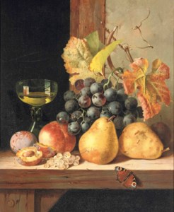 Black grapes, pears, a peach, plums, white currants, a peacock butterfly and a roemer on a wooden ledge