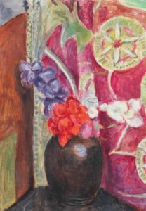 Red and Blue Flowers in a Black Vase