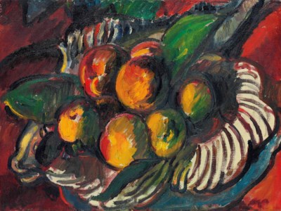 Apples and pears in a striped bowl