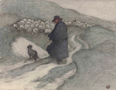 Shepherd and flock on the Downs