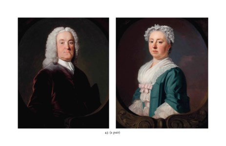 Portrait of Edward Medley, of Conyborough, half-length, in a mauve coat and white neckcloth, in a sculpted oval; and Portrait of Sarah Medley, neé Ward, half-length, in a white dress with a pink ribbon and a turquoise coat, waring a pearl choker necklace, in a sculpted oval