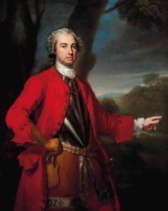 Portrait of an officer, thought to be Major William Caulfield (c. 1698-1767), half-length, in a breastplate and a red coat, a park landscape beyond