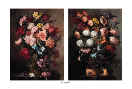 Tulips, bluebells, daffodils and other flowers in a basket on a stone ledge; and Chrysanthemums, tulips, roses and other flowers in a basket on a stone ledge