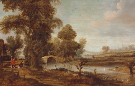 An extensive river landscape with figures in the foreground, a dog chasing geese, and a church beyond