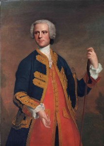 Portrait of a gentleman, three-quarter-length, in a gold-embroidered blue coat and red waistcoat, with a walking stick
