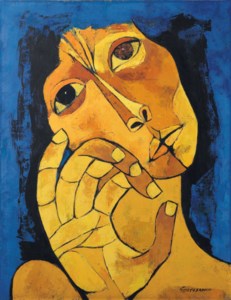 Cabeza de mujer, fondo azul