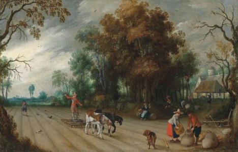An Allegory of Autumn: A farmer harrowing a field while another sows, with peasants gathering apples in an orchard