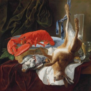 A hare, a partridge, a lobster and a partially peeled lemon in a roemer on a partly draped table, in an interior