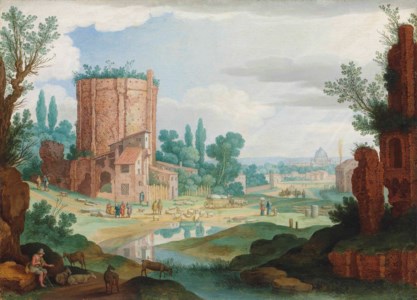 An Italianate landscape with classical ruins, reminiscent of the Terme di Traiano, shepherds watering their flocks, a view of Rome in the distance