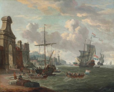 A Mediterranean harbour with stevedores loading ships by a city gate, a Dutch man-of-war and other shipping beyond