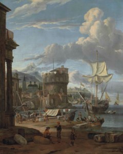 A Mediterranean harbour with figures unloading ships and others conversing, a town with a fortress and a church beyond