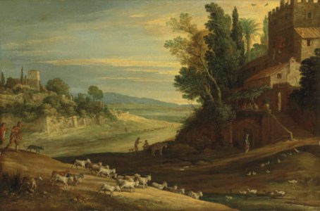 An extensive Italianate landscape with shepherds watering their flocks by a stream, with Jesus and two Disciples at Emmaus