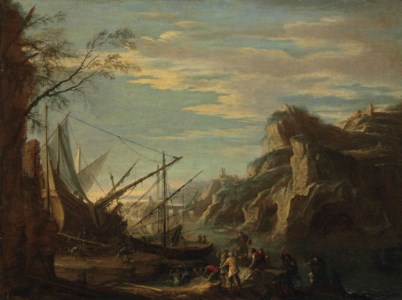 A rocky coastal landscape with figures building a boat, with Saint Anthony Preaching to the Fish