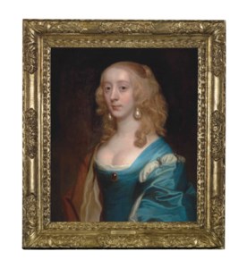 Portrait of a lady, traditionally identified as Elizabeth Murray, Lady Tollemache, later Countess of Dysart and Duchess of Lauderdale (1626-1698), half-length, in a blue dress and red wrap, wearing pearl earrings