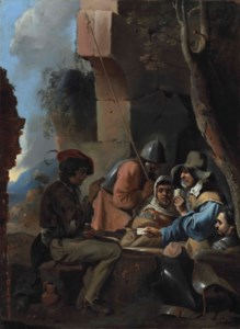 Soldiers playing cards amongst ruins