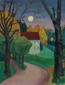 Abendlandschaft mit weißem Mond