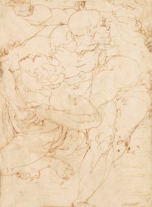 Three nude figures locked in a struggle