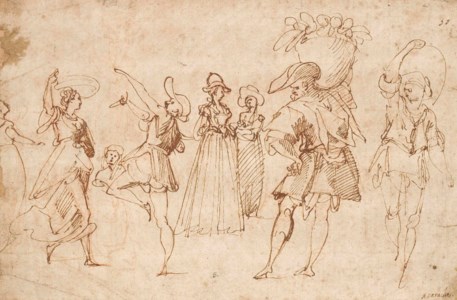 A sheet of figure studies: A man and woman dancing, two elegant ladies, and two men carrying baskets on their shoulders
