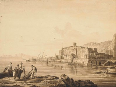 The Castel dell'Ovo, Naples, with fishermen unloading their boats in the foreground