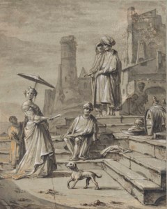 View of a port with oriental figures and an elegant lady with her page shading her with a parasol