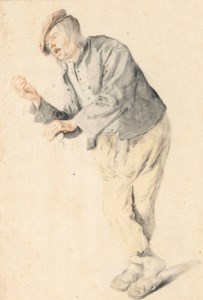 A young man leaning on a chair, in the midst of telling a story