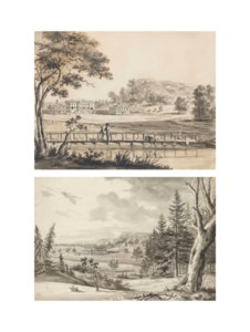 Fonthill Splendens including: Views of the Principal Front, from across the Lake near the Boathouse (with a second sheet extending the composition to the left); from the Hill across the Lake, showing the Landscaping and two Pavilions; and from the wooden Bridge; View across the opposite Front, from across the wooden Bridge; View of the opposite Front, from across the Lake; and the Hermitage; two views of the grounds and Hindon; and a sketch of a Gothic Abbey near water