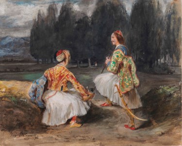 Two Greek soldiers in a clearing in a forest