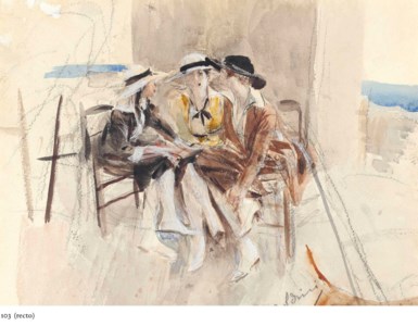Three women in conversation on a terrace ( recto ); Figure studies ( verso )