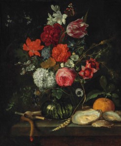 Jan Davidsz. de Heem, A tulip, roses, apple blossoms, cornflowers and other flowers in a glass vase on a stone ledge, with a pipe, taper, oysters and an orange, with a butterfly