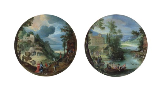 Autumn: A wooded landscape with elegantly dressed figures and others harvesting apples in the foreground, a villa and lake beyond; and Spring: Elegantly dressed figures playing music in a rowing boat in the foreground, with shepherds watering a flock of sheep and other figures merrymaking, a villa and town beyond