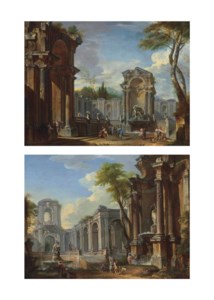 An architectural capriccio with figures before a fountain of Neptune in a classical courtyard; and An architectural capriccio with figures before two fountains