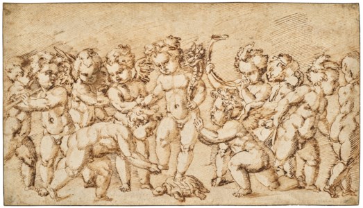 A putto holding a cornucopia and stepping on a tortoise, surrounded by a group of standing putti playing musical instruments