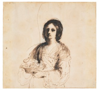 A woman holding a bowl of fruit, half length