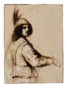A young man wearing a cap with a feather