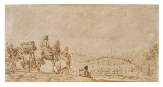 A train of travelers on horseback and in carriages crossing a bridge, with onlookers