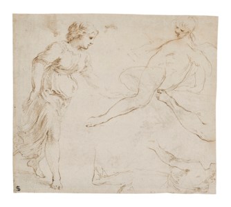 Studies of a female figure in classical dress and studies of limbs (recto); A landscape with a seated figure (verso)